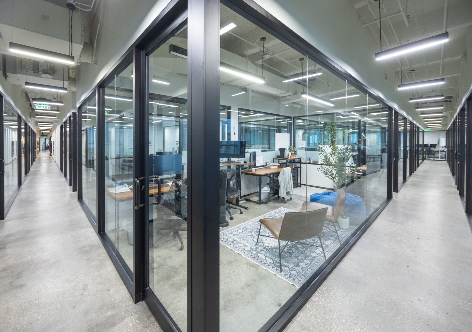 The glass corridor of the new office, empty